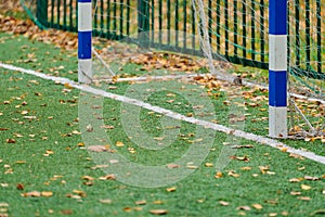 Artificial grass, sport field cover with soccer goal