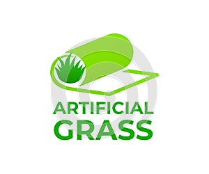 Artificial grass or turf in roll, logo design. Carpeting artificial grass and landscaping, vector design photo