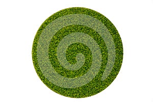Artificial green grass in round plate on white background