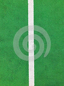 Artificial green grass with white line delimitation for sport field.