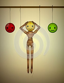 Artificial happiness concept, mood concept, realistic wooden marionette hanging with artificial faces,