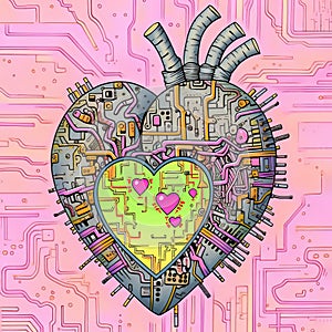 Artificial heart endowed with computer circuits, emotional artificial intelligence concept. Generative AI illustration