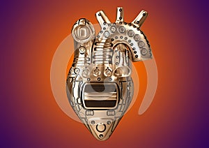 Artificial heart Steampunk style constructed of steel with rudimentary mechanical parts