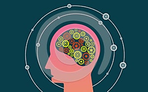 Artificial Human Mind and Gears symbol inside a human brain shape. Artificial intelligence and smart Technology