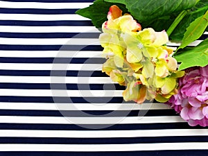 Artificial Hydrangeas flowers bouquet located on Blue and white stripes