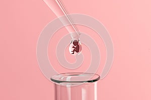 Artificial insemination. Test tube baby, IVF. On the tip of the pipette drop with silhouette of the embryo of the child, dripping