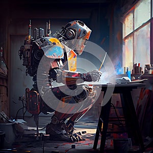 Artificial Inteligence, humaniod robot creating images, futuristic concept.