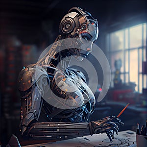 Artificial Inteligence, humaniod robot drawing, futuristic concept.
