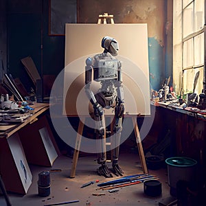 Artificial Inteligence, humaniod robot in his atelier, futuristic concept.
