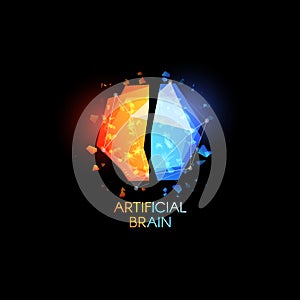 Artificial intellect, brain logo. Glasses colorful abstract polygonal shapes with shards of glass. Vector logotype