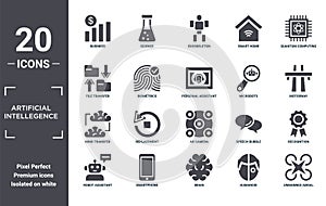 artificial.intellegence icon set. include creative elements as business, quantum computing, microbots, ar camera, smartphone, mind