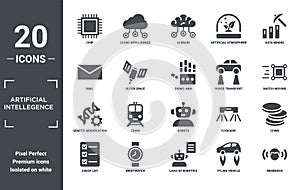 artificial.intellegence icon set. include creative elements as chip, data mining, hover transport, robots, wristwatch, genetic photo
