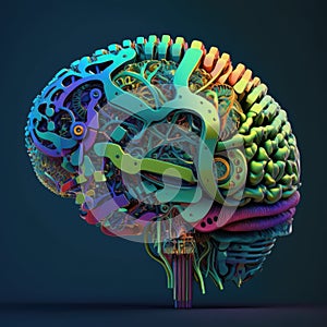 Artificial intelligence, 3D object, brain made of microchips and multicolored metal parts