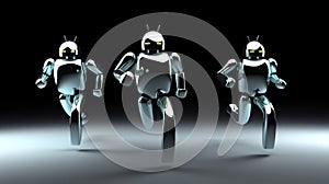 Artificial intelligence 3D robots running on solid background with copy space, digital world technology