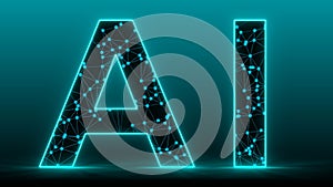 Artificial Intelligence - Abstract image of the lettering AI made of wireframe mesh polygon on gradient background