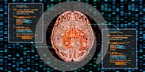 Artificial Intelligence in action. red glowing cybernetic brain is operating processing information.