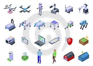 Artificial intelligence in agriculture icons set isometric vector. Smart field