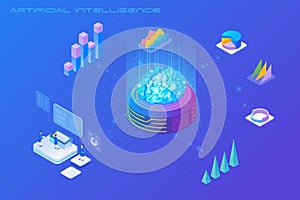 Artificial Intelligence AI analyses Big Data Isometric Flat vector illustration concept