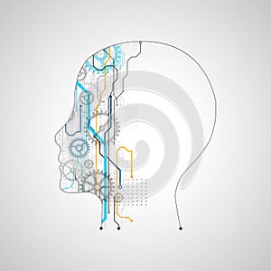 Artificial intelligence (AI) and big data concept. Humen face with binary data flow. Technology vector photo