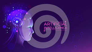 Artificial intelligence. AI brain. Digital robot technology. Glowing cyborg head. Future data learning. Science mind