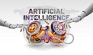 Artificial Intelligence (AI) concept based banner or poster design with 3d illustration of robotic hands touching robotic brain f