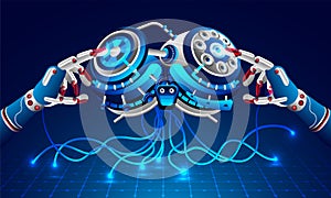 Artificial Intelligence (AI) concept based banner or poster design with 3d illustration of robotic hands touching robotic brain f