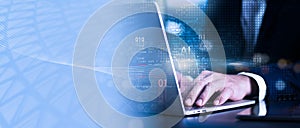 Artificial Intelligence (AI) concept with businessman typing on laptop, digital binary code, programming interface