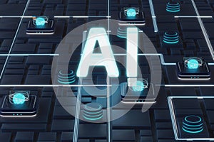 Artificial Intelligence AI concept. Rendering of a 3d text with neural network infrastructure in a cloud data center