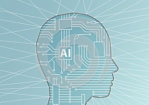 Artificial Intelligence / AI concept. Vector illustration of face silhouette with computer processor as artificial brain