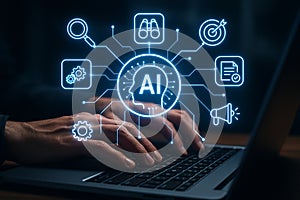 Artificial intelligence ai concept working on laptop with ai icons and technology integration design