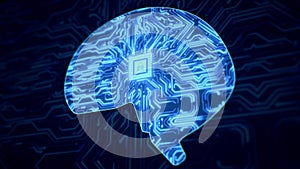 Artificial intelligence AI electronic brain powered by processor. Integrated circuits Animation.