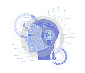 Artificial Intelligence AI, Future technology, Digital brain, Machine learning, Data mining. Robot head with a human face, brain