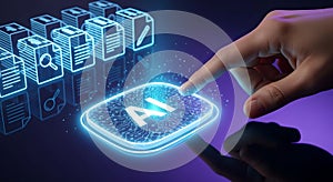 Artificial Intelligence AI Hand Touching Digital Data Button Blue Futuristic Background