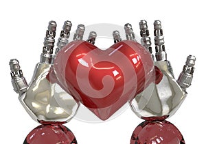 Artificial intelligence or AI hands holding a red heart. robot can feeling in love like human.