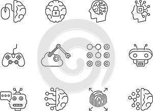 Artificial intelligence AI icon in line style, machine learning, smart robotic, cloud computing, network, digital, AI technology