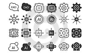 Artificial Intelligence AI Icon Set with Neural Network, Machine Learning and Processor Chip Symbols