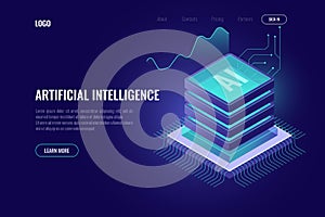 Artificial intelligence, AI isometric icon, computer brain, server room rack, big data, element for design digital