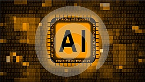 Artificial intelligence AI lettering on chip - orange abstract background of blurred binary code - information technology concept