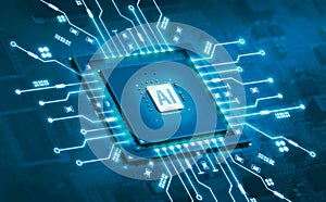 Artificial intelligence AI and machine learning concept. Computer processor chip with microchip on electronic circuit board