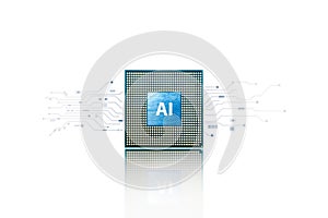 Artificial intelligence AI and machine learning concept. Computer processor chip with microchip isolated and electronic circuit