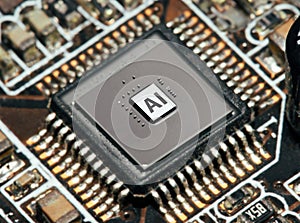 Artificial intelligence AI and machine learning concept. Computer processor unit with microchip on electronic circuit board