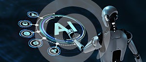 Artificial intelligence AI, machine learning and modern computer technologies concepts. Robot pressing button on virtual screen