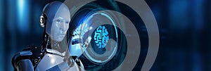 Artificial intelligence AI, machine learning and modern computer technologies concepts. Robot pressing button on virtual screen