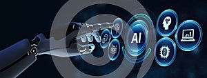 Artificial intelligence AI, machine learning and modern computer technologies concepts. Robot pressing button on virtual screen
