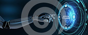 Artificial intelligence AI, machine learning and modern computer technologies concepts. Robot pressing button on virtual screen