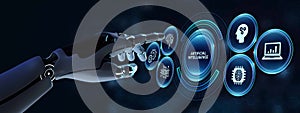 Artificial intelligence AI, machine learning and modern computer technologies concepts. Robot pressing button on virtual screen