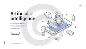 Artificial Intelligence AI and Machine Learning Technology with Robot and Analytics Isometric Web Banner Vector Template
