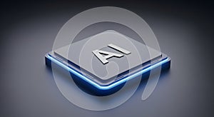 Modern 3D render of a futuristic computing processor chip with glowing blue light.