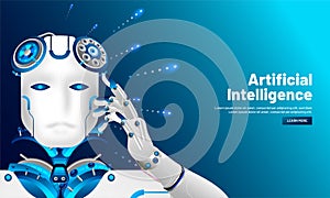 Artificial intelligence (AI) responsive web template design, Cyborg thinking on shiny blue background for Machine learning