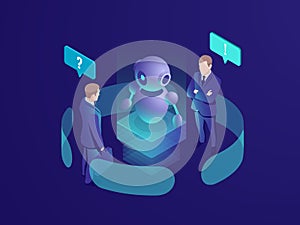 Artificial intelligence ai robot gives recommendation, human get automated response from chatbot, business consulting